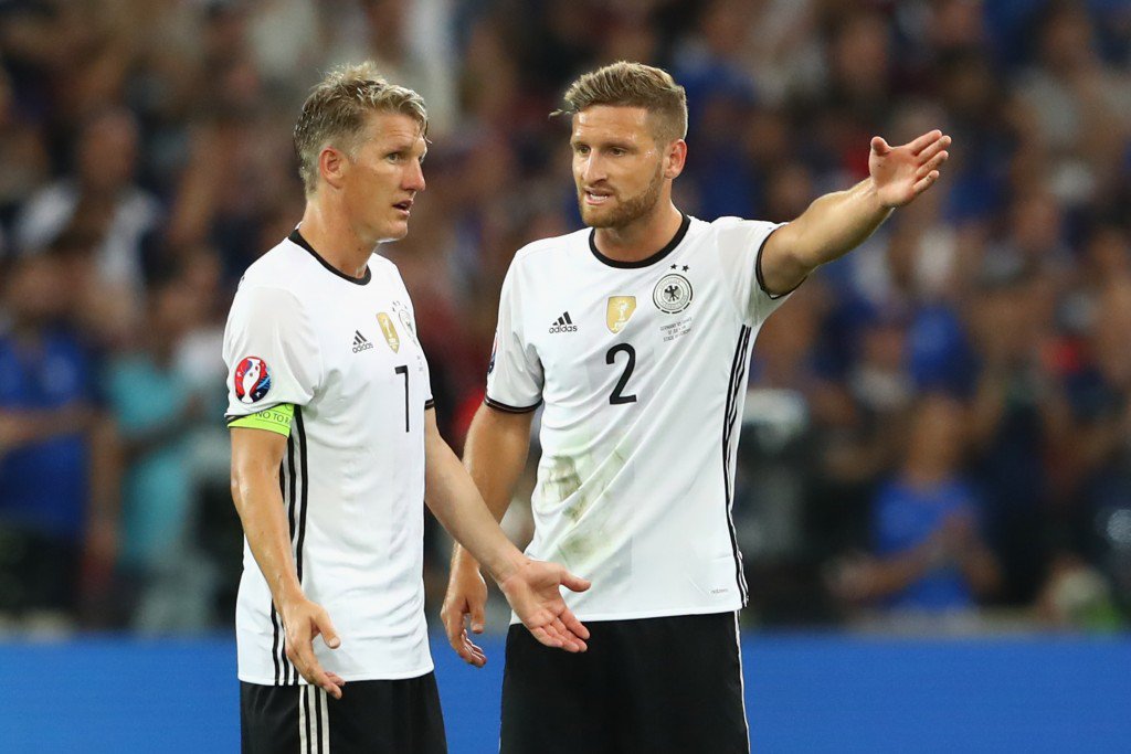 MARSEILLE FRANCE- JULY 07 Bastian Schweinsteiger of Gerrmany reacts with his team mate Shkodran Mustafi during the UEFA EURO 2016 semi final match between Germany and France at Stade Velodrome