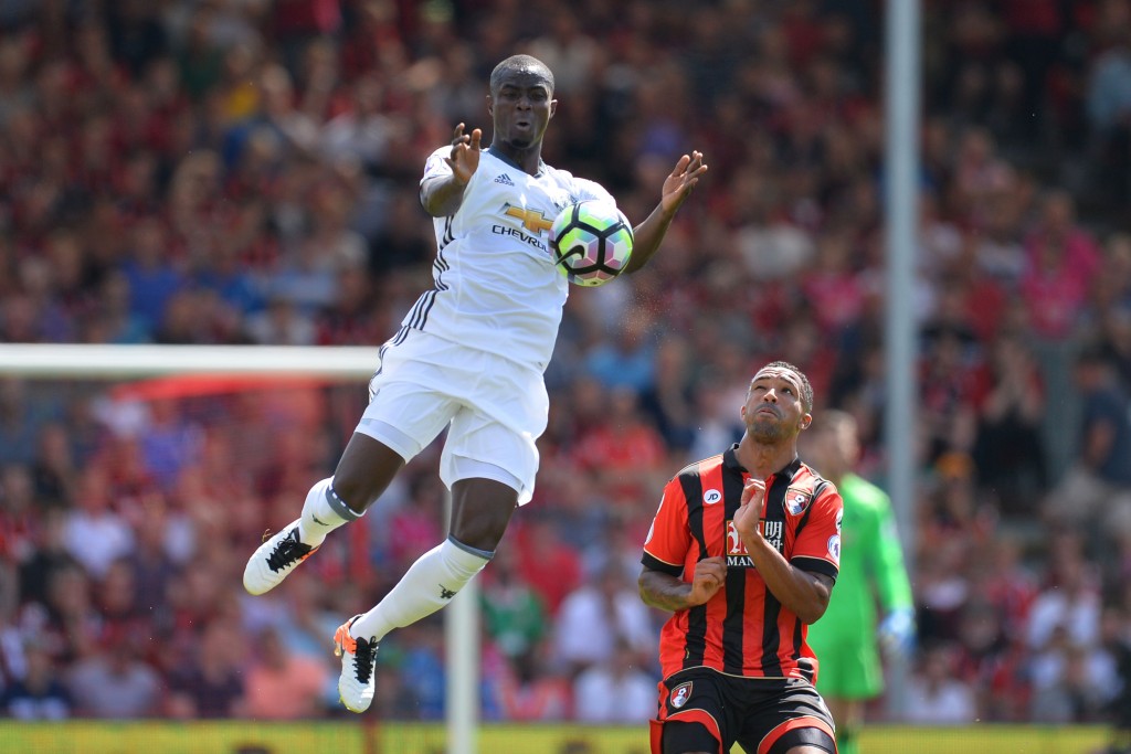 Manchester United's Ivorian defender Eric Bailly leaps to control the ball next to Bournemouth's English striker Callum Wilson during the English Premier League football match between Bournemouth and Manchester United at the Vitality Stadium in Bo