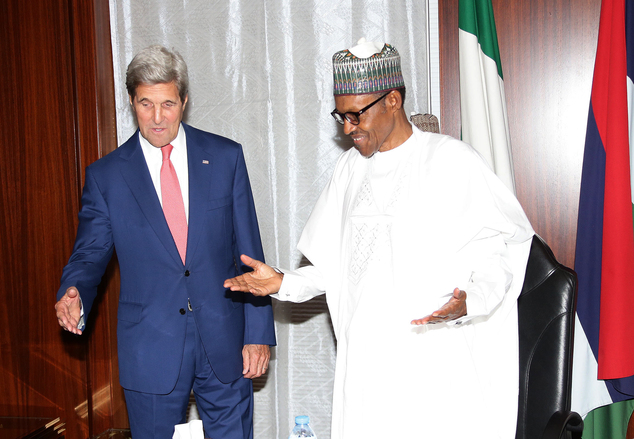 Nigeria State House U.S. Secretary of State John Kerry left talks to Nigeria's President Muhammadu Buhari before their bila