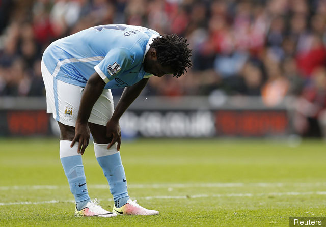 Manchester City's Wilfried Bony looks dejected