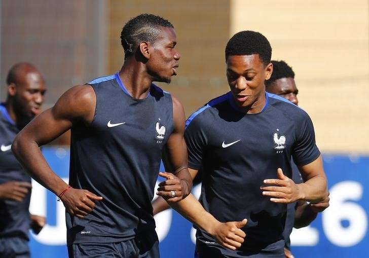 Football Soccer- France Training- EURO 2016- Olympique Marseille Training Ground- Marseille France- 6/7/16. France's Anthony Martial and Paul Pogba during training. REUTERS  Michael Dalder