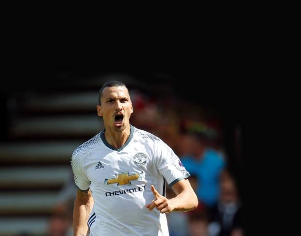 Manchester United's Zlatan Ibrahimovic celebrates scoring against Bournemouth yesterday