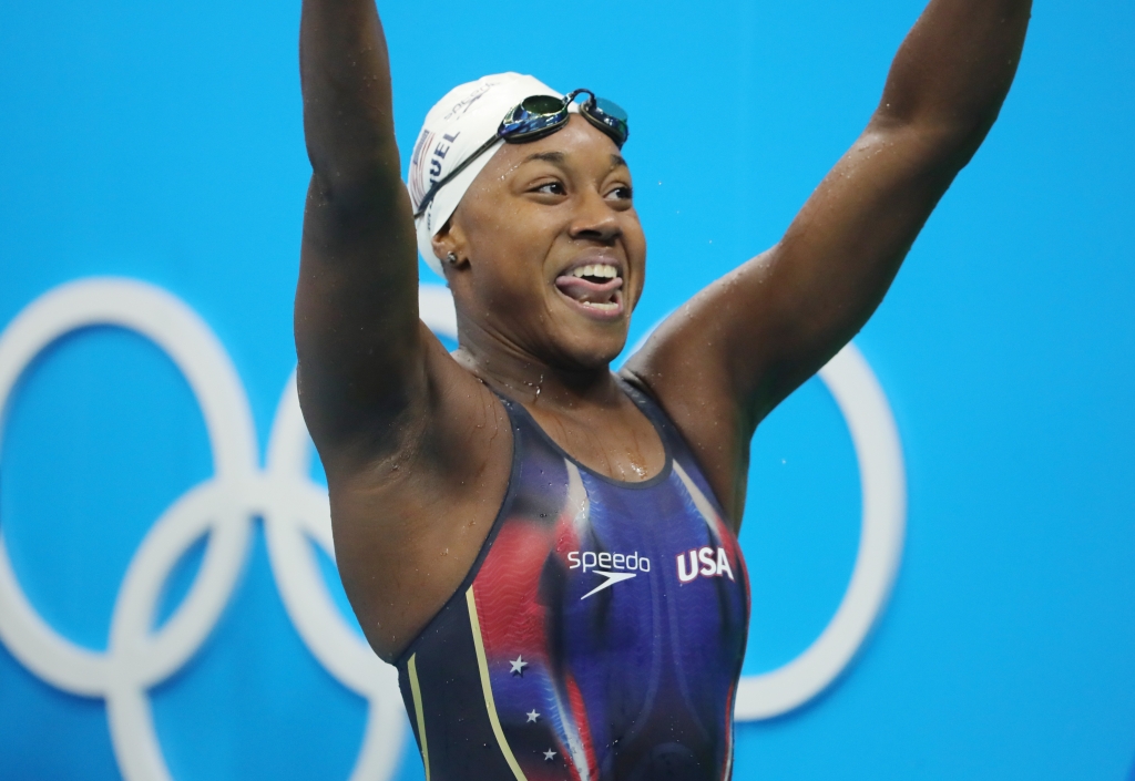 Simone Manuel reacts at the Women's 100m Freestyle Heats of the Swimming events during the Rio 2016 Olympic Games at the Olympic Aquatics Stadium in Rio de Janeiro Brazil 10 August 2016