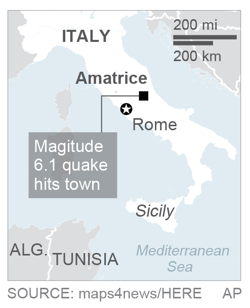 Map locates Amatrice Italy 1c x 2 inches 46.5 mm x 50