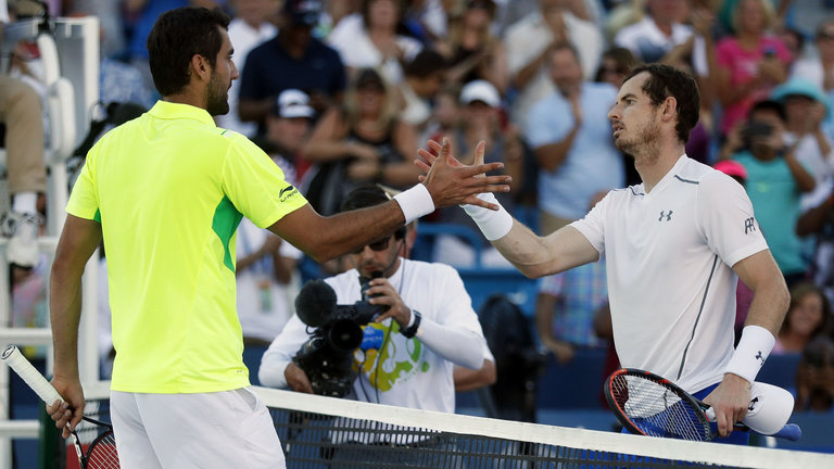 Marin Cilic is congratulated by Andy Murray following their Cincinnati Masters final