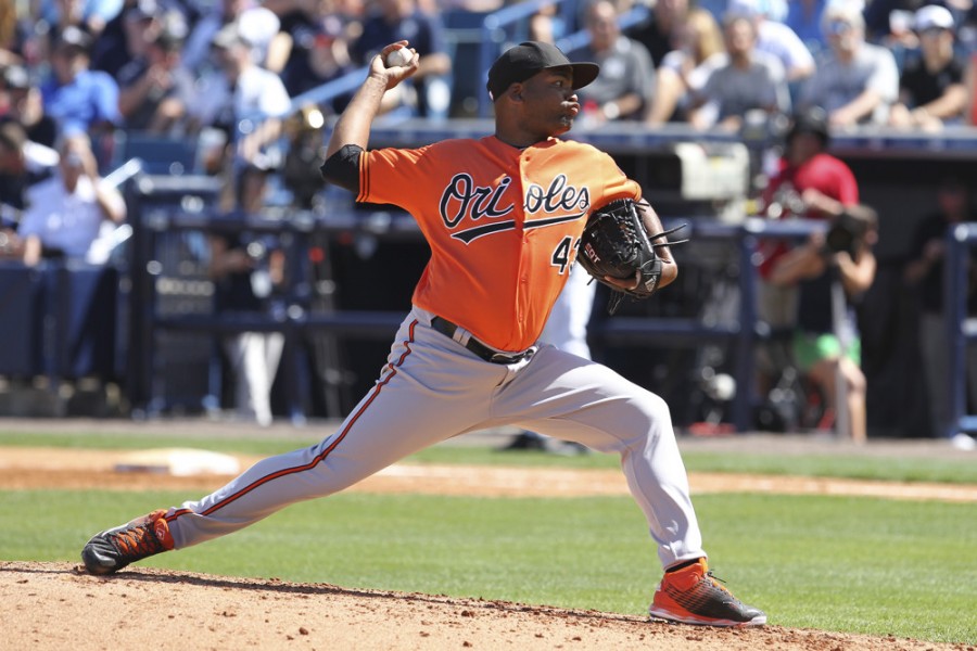 11 March 2016 Baltimore Orioles starting pitcher Odrisamer Despaigne delivers a pitch during the MLB Grapefruit League Spring Training game between the Baltimore Orioles and New York Yankees at George M. Steinbrenner Field in Tampa FL