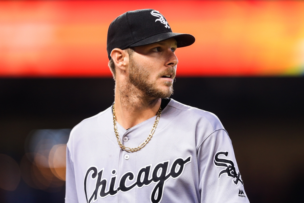 MIAMI FL- AUGUST 14 Chris Sale #49 of the Chicago White Sox looks on during the game against the Miami Marlins at Marlins Park