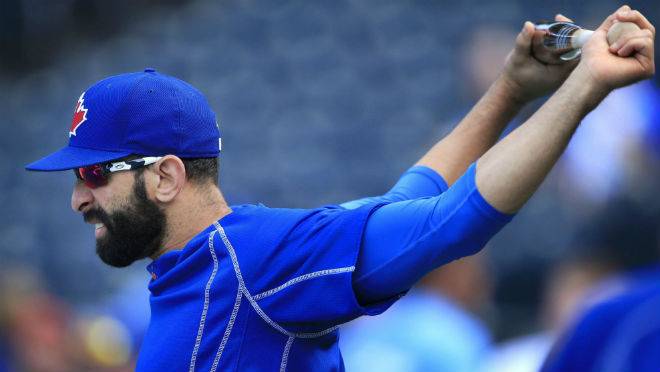 Toronto Blue Jays&#039 Jose Bautista warms up before a baseball game against the Toronto Blue Jays at Kauffman Stadium in Kansas City Mo. Saturday Aug. 6 2016