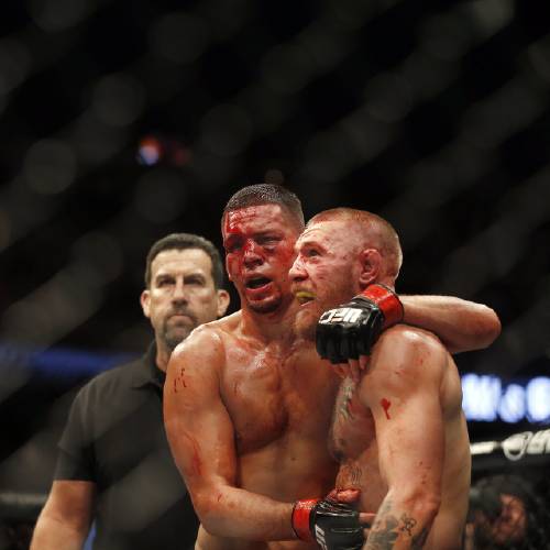 Gregor fights Nate Diaz during their welterweight mixed martial arts bout at UFC 202 on Saturday Aug. 20 2016 in Las Vegas. Mc Gregor won by split decision