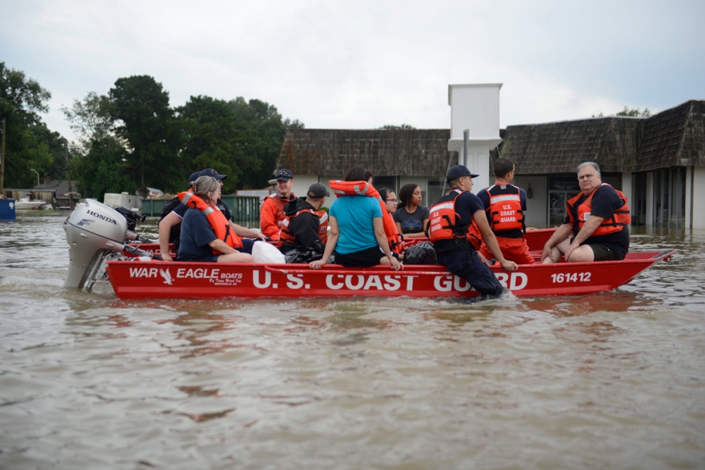 Members of the Coast Guard rescuing residents during the flooding in Baton Rouge Louisiana USA 14 August 2016