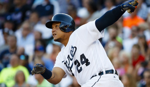 Aug 6 2016 Detroit MI USA Detroit Tigers first baseman Miguel Cabrera hits an RBI double in the first inning against the New York Mets at Comerica Park