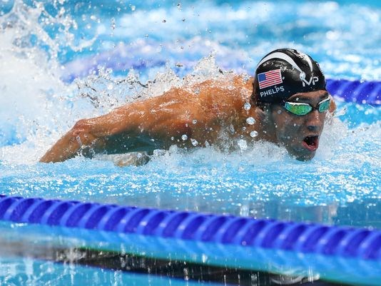 Michael Phelps during the men's 100m butterfly final at Olympic Aquatics Stadium