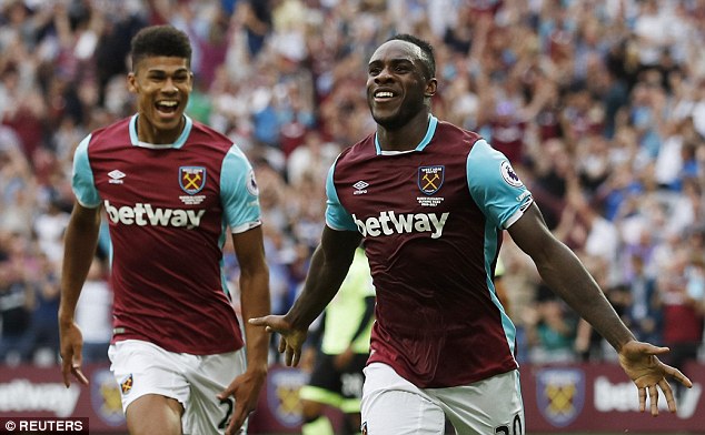 Michail Antonio runs off to celebrate his winning goal against Bournemouth