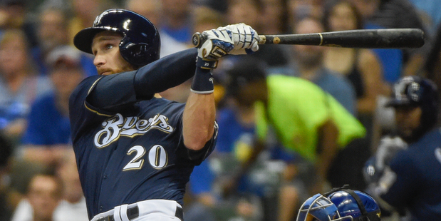 Milwaukee Brewers Jonathan Lucroy hits a two-run home run against the Chicago Cubs