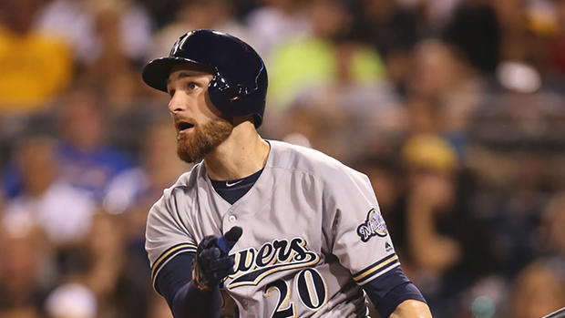 Milwaukee Brewers catcher Jonathan Lucroy hits against the Pittsburgh Pirates on July 20 in Pittsburgh