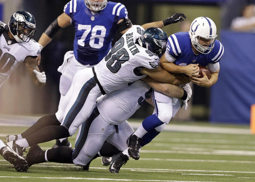 Philadelphia Eagles outside linebacker Connor Barwin sacks Indianapolis Colts quarterback Andrew Luck during the first half of an NFL preseason football game in Indianapolis Saturday Aug. 27 2016