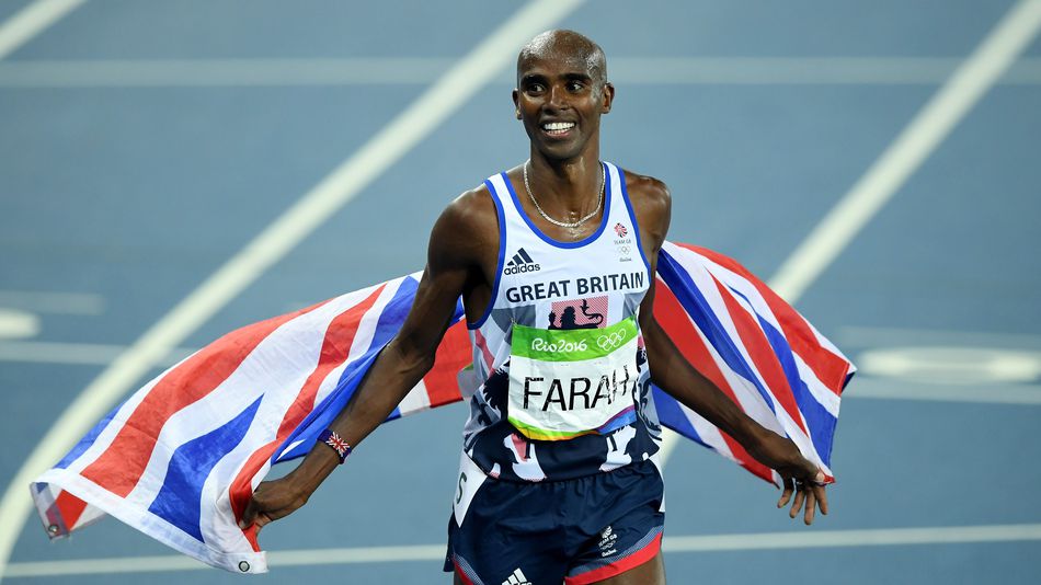 Mohamed Farah of Great Britain reacts after winning gold in the Men's 5000 meter Final on Day 15 of the Rio 2016 Olympic Games at the Olympic Stadium