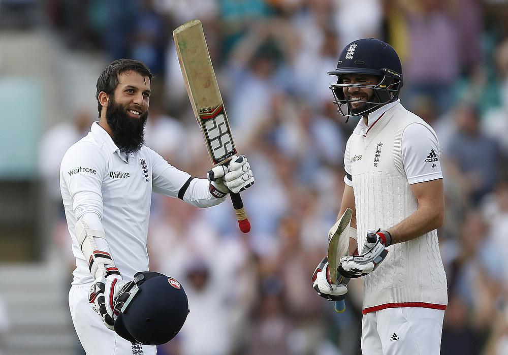 Moeen Ali celebrating his century on day one of the fourth Test