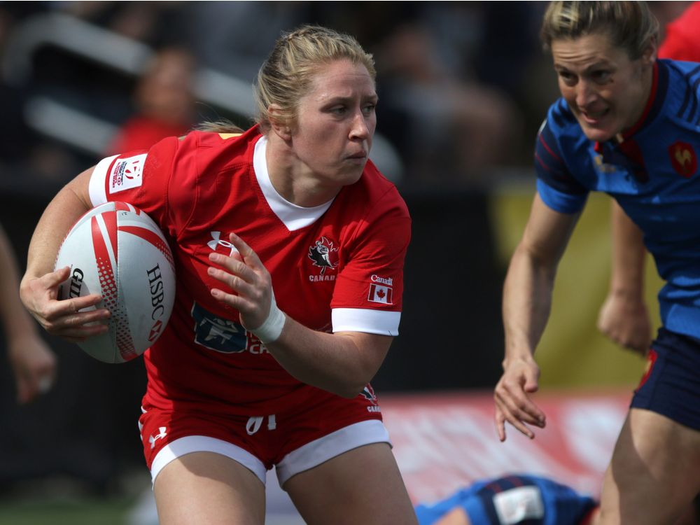 Team Canada's Kayla Moleschi looks for an opening during action against Team France at the HSBC Women's Sevens Series at Westhills Stadium in Langford B.C. Sunday