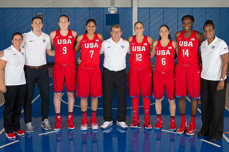 The five former Huskies on the USA Basketball Women's National Team along with head coach Geno Auriemma and from left Jen Rizzotti Kevin DeMille and Jamelle Elliott. e 2016 USA Basketball Women’s Nationa