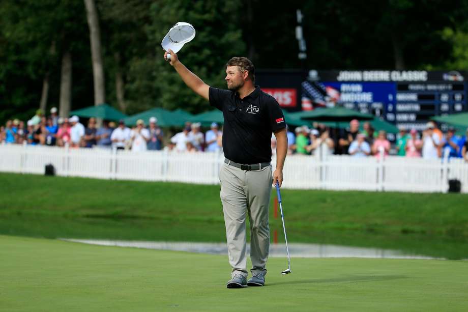 Ryan Moore acknowledges the crowd after winning the John Deere Classic in Illinois his fifth career PGA Tour title