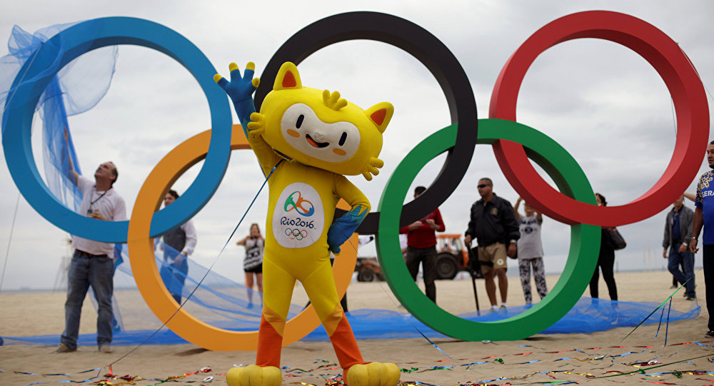 The 2016 Rio Olympics mascot Vinicius attends the inauguration ceremony of the Olympic Rings placed at the Copacabana Beach in Rio de Janeiro Brazil