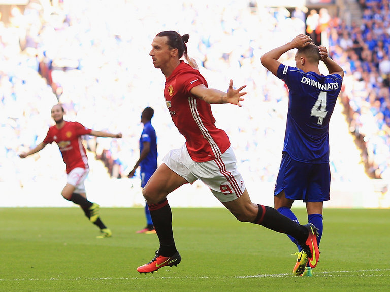 Manchester United's Zlatan Ibrahimovic celebrates after scoring a goal during the Community Shield soccer match between Leicester and Manchester United at Wembley stadium in London Sunday Aug. 7 2016