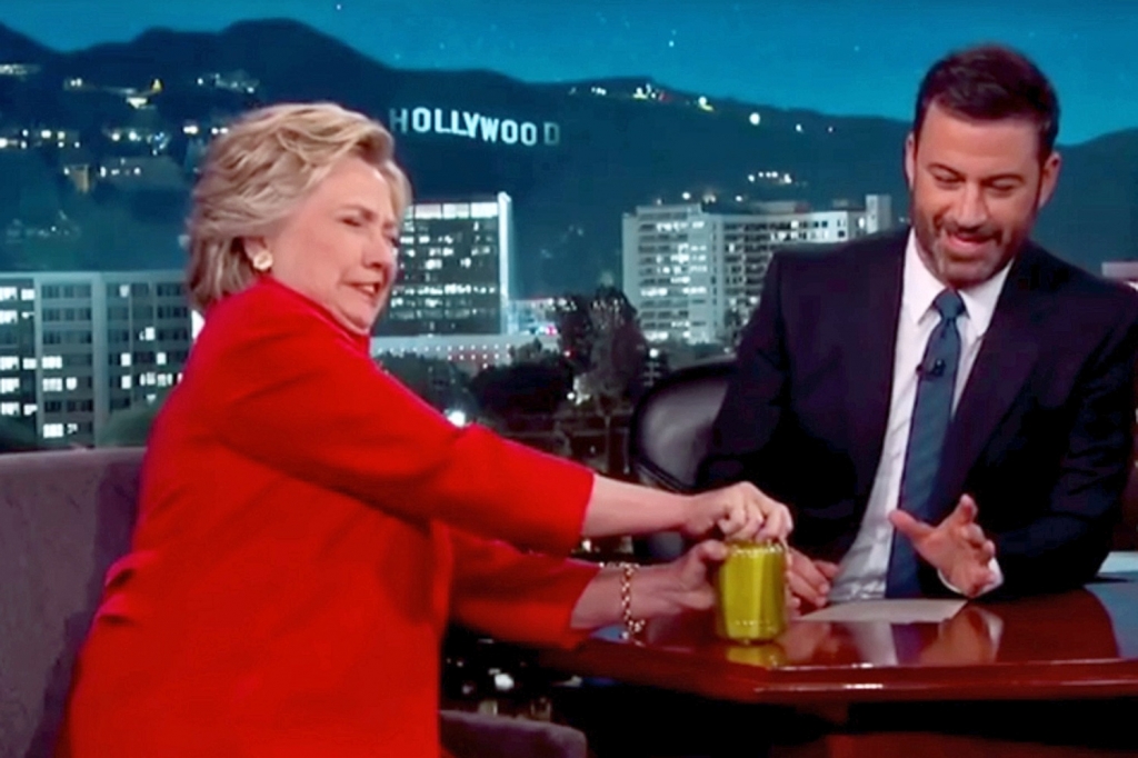 Mrs Clinton takes a challenge to open a pickle jar on the Jimmy Kimmel show