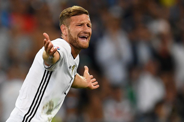 Germany's defender Shkodran Mustafi reacts during the Euro 2016 semi-final football match between Germany and France at the Stade Velodrome in Marseille