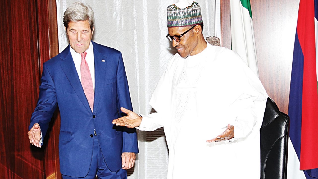 President Muhammadu Buhari and United States Secretary of State John Kerry at the State House in Abuja…yesterday