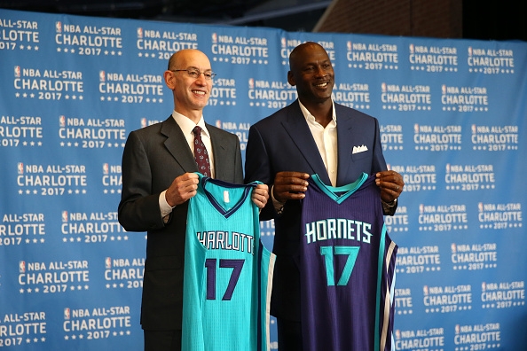 NBA commissioner Adam Silver poses with Charlotte Hornets owner Michael Jordan last June 2015 after the announcement of Charlotte as the host of the 2017 All Star Weekend