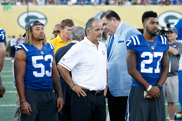 CANTON OH- AUGUST 07 Head coach Chuck Pagano of the Indianapolis Colts looks on alongside Winston Guy #27 and Edwin Jackson #53 after the NFL Hall of Fame Game against the Green Bay Packers was cancelled due to poor field conditions at Tom Benson Hall