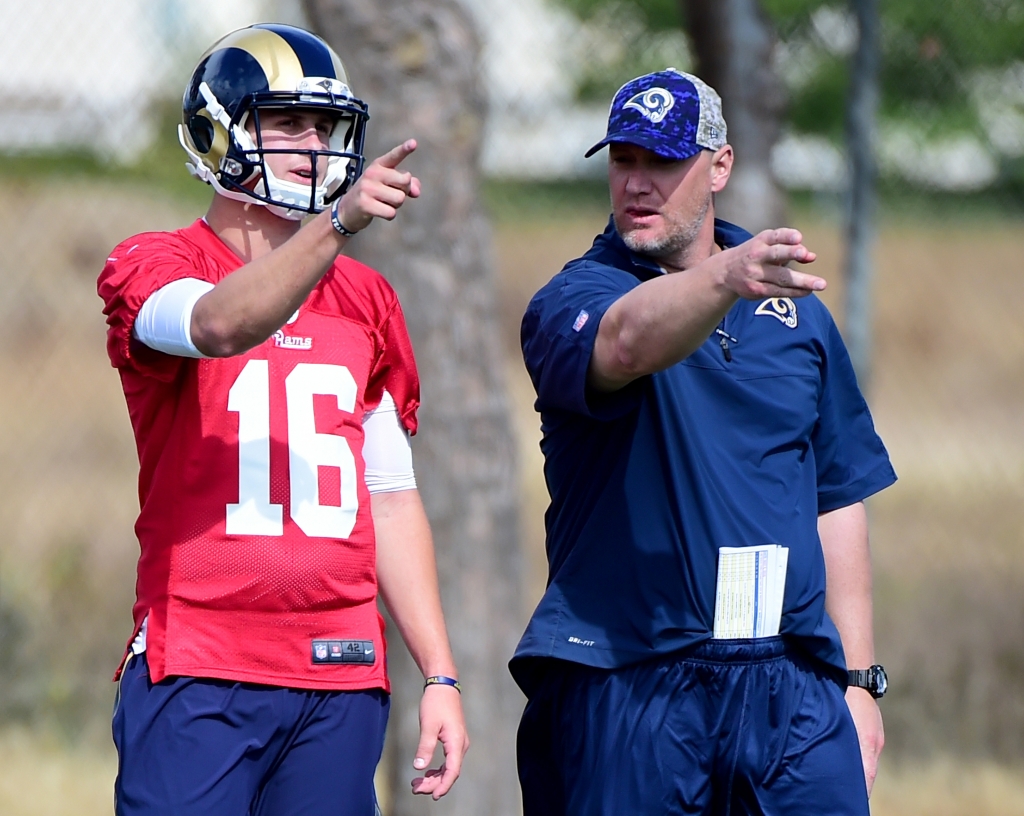 OXNARD CA- MAY 06 Jared Goff #16 of the Los Angeles Rams and quarterback coach Chris Weinke discuss a play during a Los Angeles Rams rookie camp