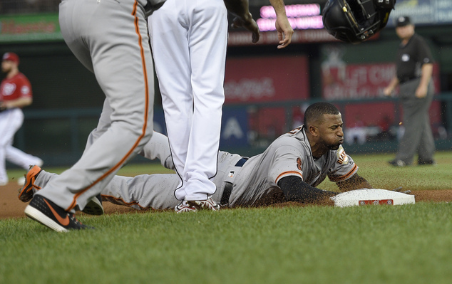 San Francisco Giants Eduardo Nunez slides into third with a triple during the fourth inning of a baseball game against the Washington Nationals Saturday A