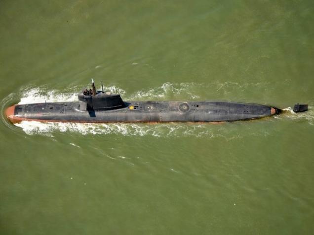 Scorpene Class Submarine INS Kalvari takes part in its maiden sea trials off Mumbai