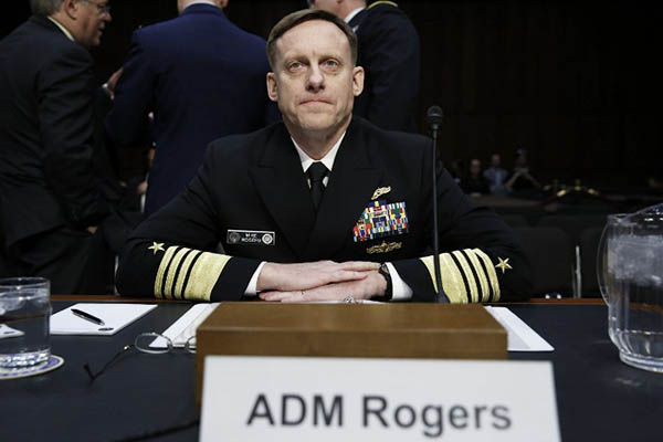 Navy Adm. Michael Rogers commander of the U.S. Cyber Command director of the National Security Agency and chief of Central Security Services at a hearing on Capitol Hill in Washington. Yuri Gripas—AFP