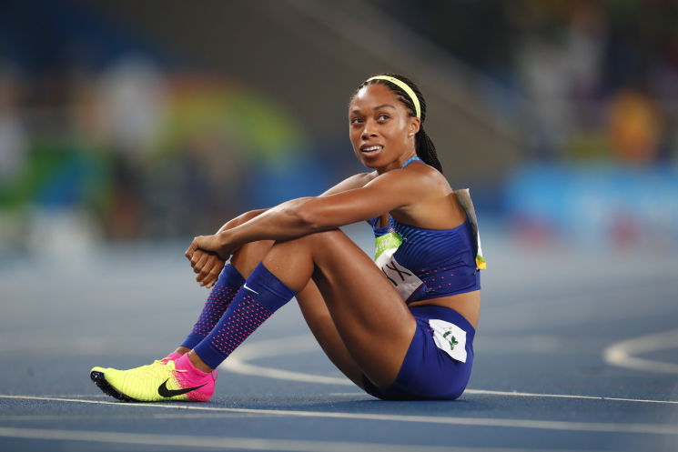 American Allyson Felix reacts after losing the 400-meter final to Shaunae Miller of the Bahamas