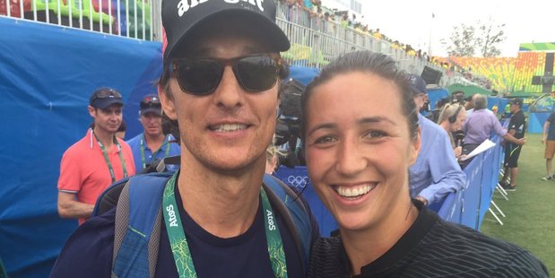 New Zealand women's sevens captain Sarah Goss with Hollywood star Matthew McConaughey