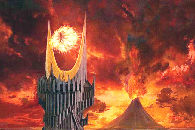 Eye of Sauron with Mount Doom in the background. Still from the film version of JRR Tolkien's Lord of the Rings