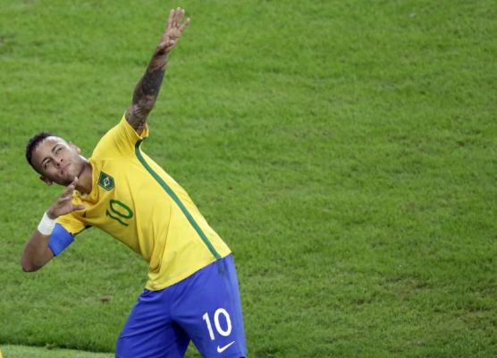 Brazil's Neymar celebrates after scoring his team's first