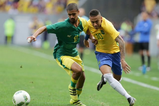 Brazil's Neymar right and South Africa's Abbubaker Mobara vie for the ball during a group A match of the men's Olympic football tournament between Brazil