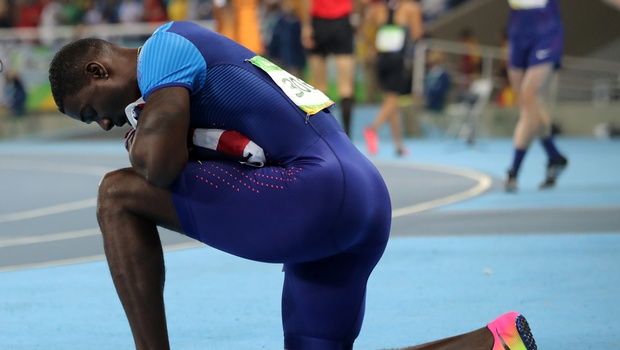 United States Justin Gatlin reacts at the end of the 100-meter men's race where he won silver during the athletics competitions of the 2016 Summer Olympics at the Olympic stadium in Rio de Janeiro Brazil Sunday Aug. 14 2016. | AP