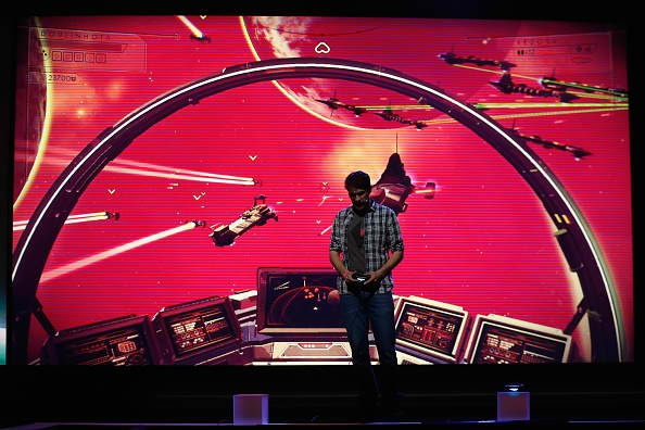 Hello Games Sean Murray demonstrates 'No Man's Sky&#039 during the Sony E3 press conference at the L.A. Memorial Sports Arena