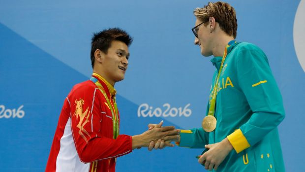 No love lost Sun Yang and Mack Horton shake hands after the 400m freestyle medal presentation