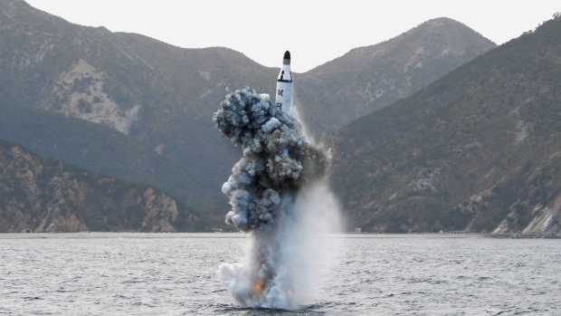 An underwater test-firing of a strategic submarine ballistic missile is seen in this undated