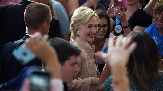 Hillary Clinton greets supporters at a rally in Cleveland Ohio