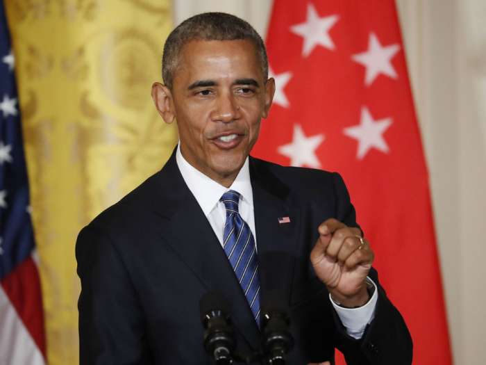 President Barack Obama speaks during a joint news conference with Singapore's Prime Minister Lee Hsien Loong in the East Room of the White House in Washington Tuesday Aug. 2 2016. Associated Press