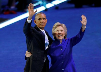 U.S. President Barack Obama is joined by Democratic Nominee for President Hillary Clinton at the Democratic National Convention in Philadelphia Pennsylvania