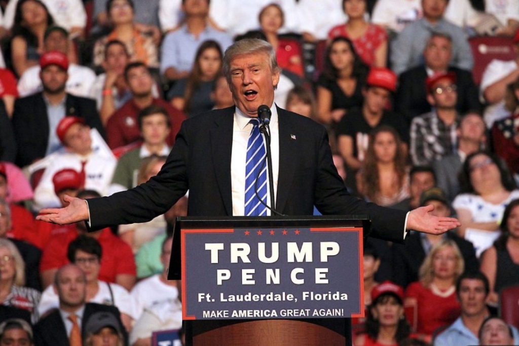 Republican presidential candidate Donald Trump at his Florida campaign rally where he accused Obama as being the founder of Daesh