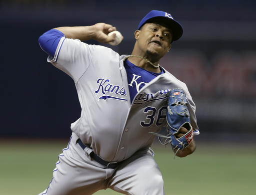 Kansas City Royals starting pitcher Edinson Volquez delivers to the Tampa Bay Rays during the first inning of a baseball game Wednesday Aug. 3 2016 in St. Petersburg Fla